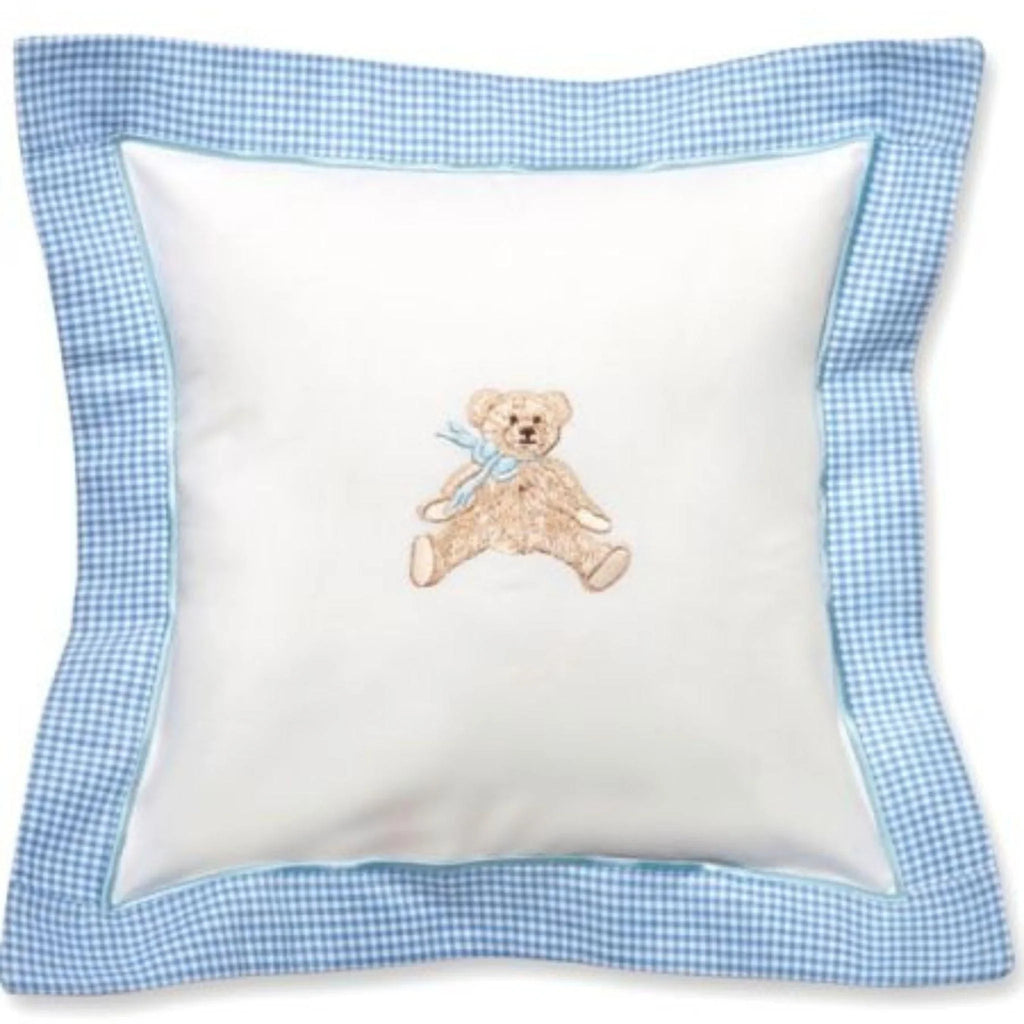 Blue Bow Teddy Bear Baby Pillow Cover with Blue Gingham Flange - Little Loves Pillows - The Well Appointed House