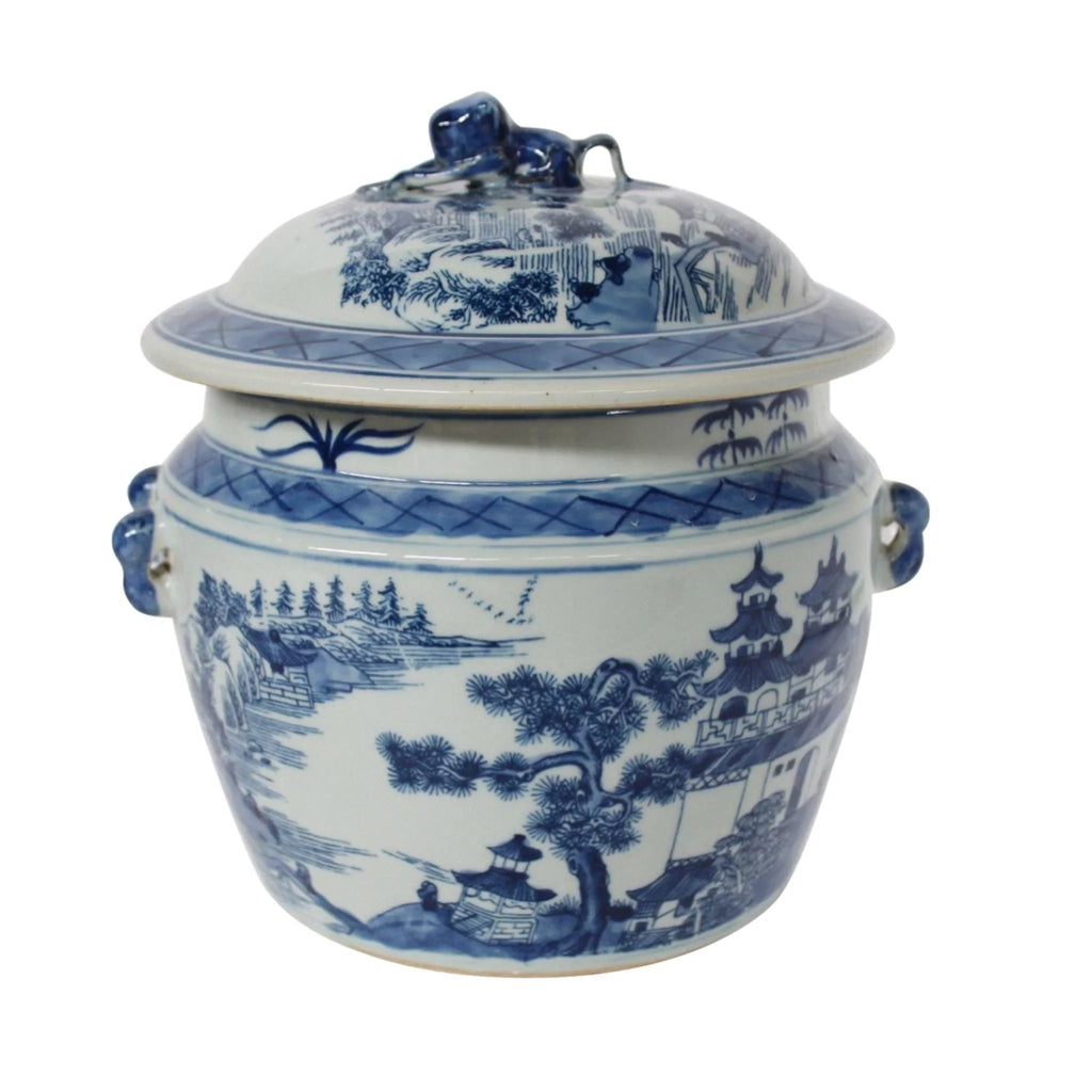 Blue Design Porcelain Lidded Rice Jar With Chinoiserie Landscape Motif - Vases & Jars - The Well Appointed House