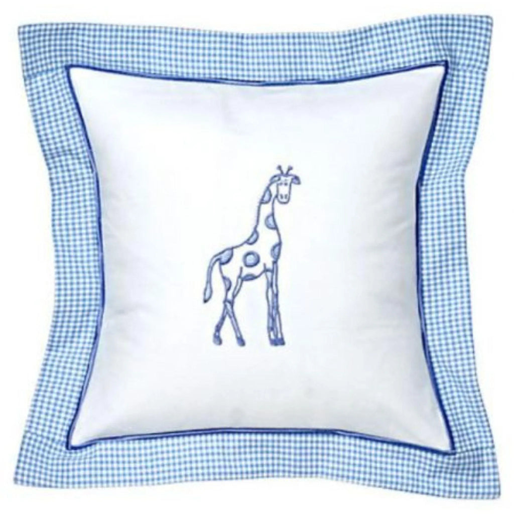 Blue Dot Giraffe Baby Pillow Cover with Blue Gingham Flange - Little Loves Pillows - The Well Appointed House
