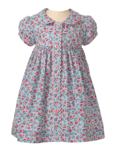 Blue Floral Button Front Dress With Bloomers - Available in Infant Sizes - Baby Girl Clothing - The Well Appointed House