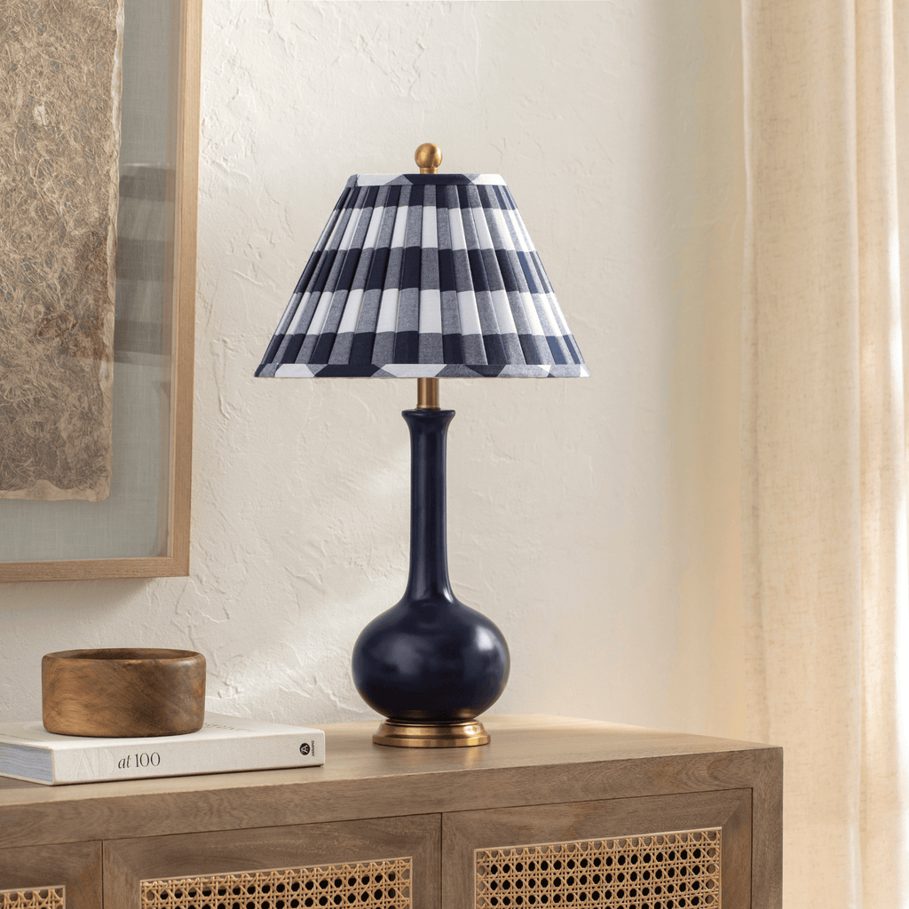Blue Glazed Ceramic Table Lamp With Buffalo Plaid Shade - Table Lamps - The Well Appointed House