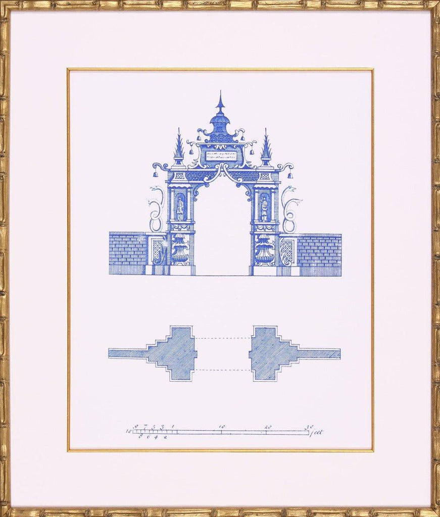 Blue Pagoda Lithograph Wall Art in Gold Frame - Paintings - The Well Appointed House