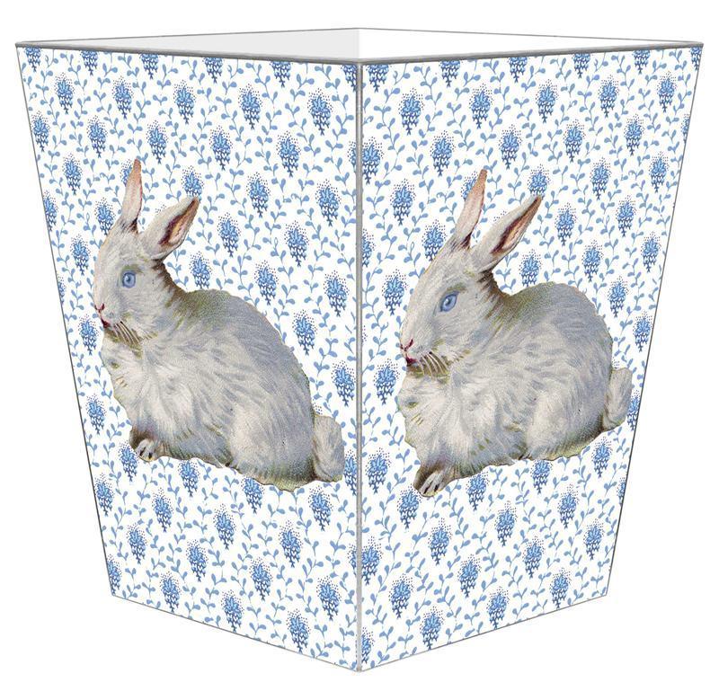 Blue Provincial Print with Bunny Decoupage Wastebasket and Optional Tissue Box Cover - Wastebasket Sets - The Well Appointed House