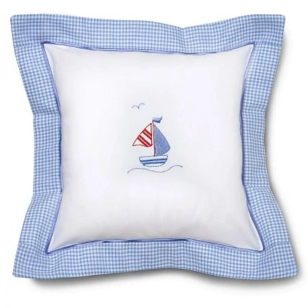 Blue Sailboat and Seagull Baby Pillow Cover with Blue Gingham Flange - Little Loves Pillows - The Well Appointed House