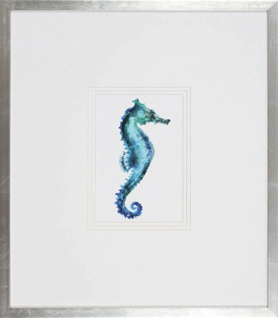 Blue Sea Horse Lithograph Wall Art in Silver Frame - Paintings - The Well Appointed House