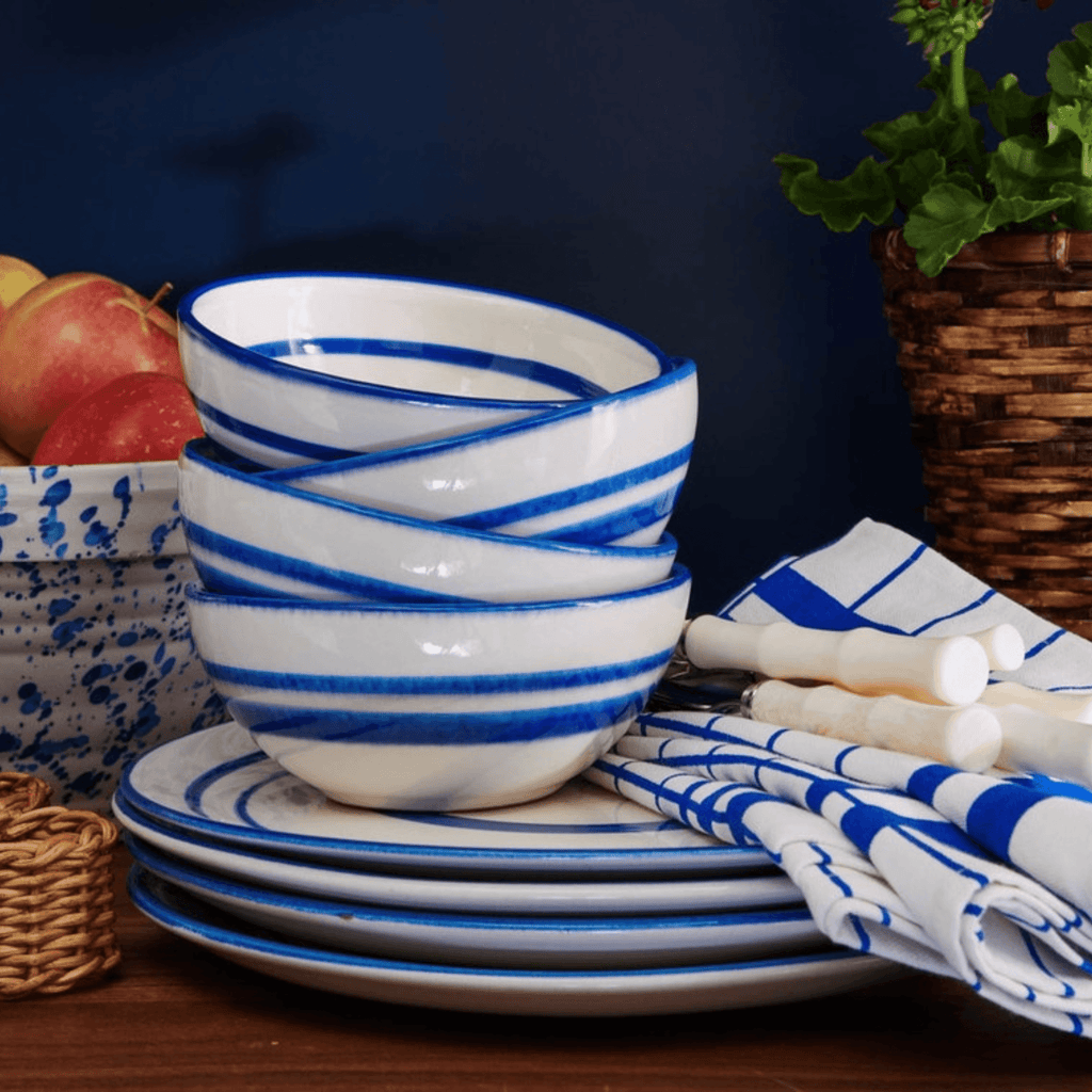 Blue Striped Earthenware Cereal-Ice Cream Bowls - Dinnerware - The Well Appointed House