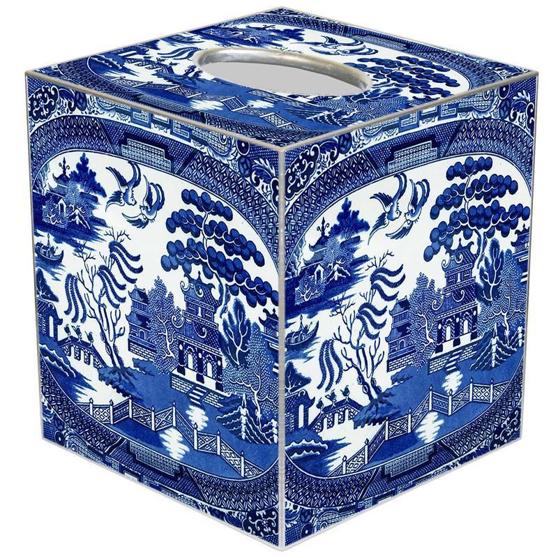 Blue Willow Decoupage Wastebasket and Optional Tissue Box Cover - Wastebasket Sets - The Well Appointed House