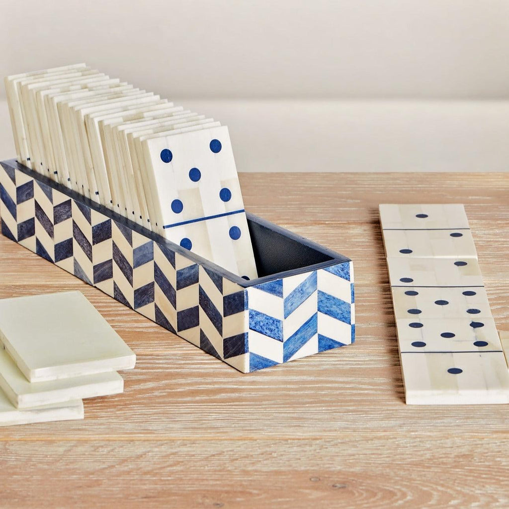Bone Inlay Domino Set in Blue & White Herringbone - Games & Recreation - The Well Appointed House