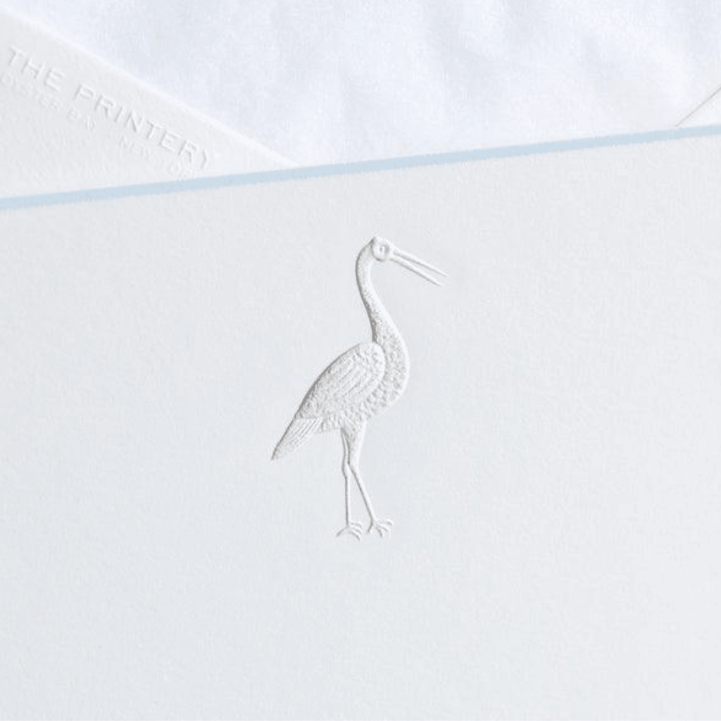 Box Set of 10 Letterpressed Metallic White Stork New Baby Note Cards with Blue or Pink Border - BARGAIN BASEMENT ITEM - Bargain Basement - The Well Appointed House
