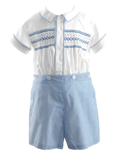 Boy's Ivory Smocked Shirt & Short Set - Little Loves Boy Clothing - The Well Appointed House