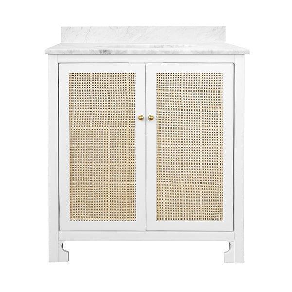 Boyd White & Natural Cane Bathroom Vanity With Marble Top - Bath Vanity - The Well Appointed House