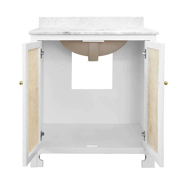 Boyd White & Natural Cane Bathroom Vanity With Marble Top - Bath Vanity - The Well Appointed House