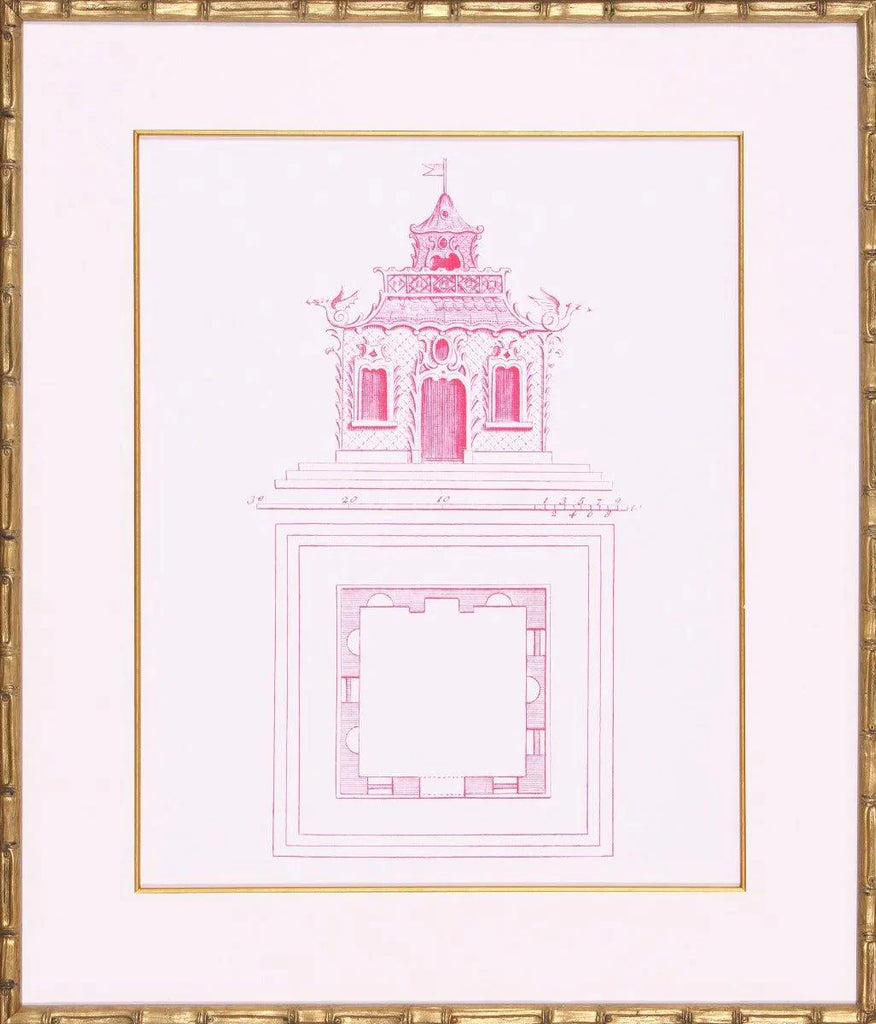 Bright Pink Pagoda Design I Lithograph in Gold Frame - Paintings - The Well Appointed House