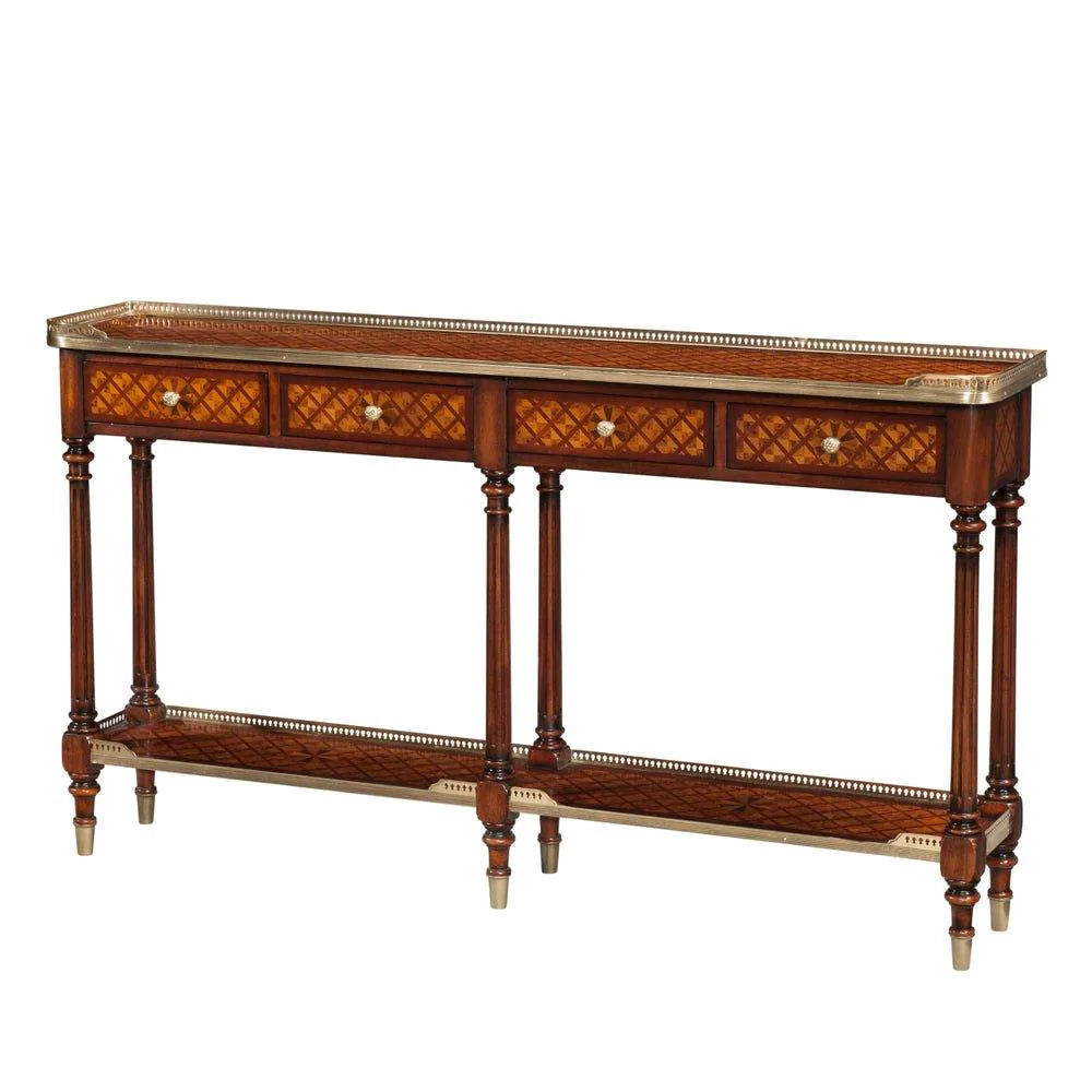 Burl Lattice Parquetry Brass Mounted Console Table - Sideboards & Consoles - The Well Appointed House