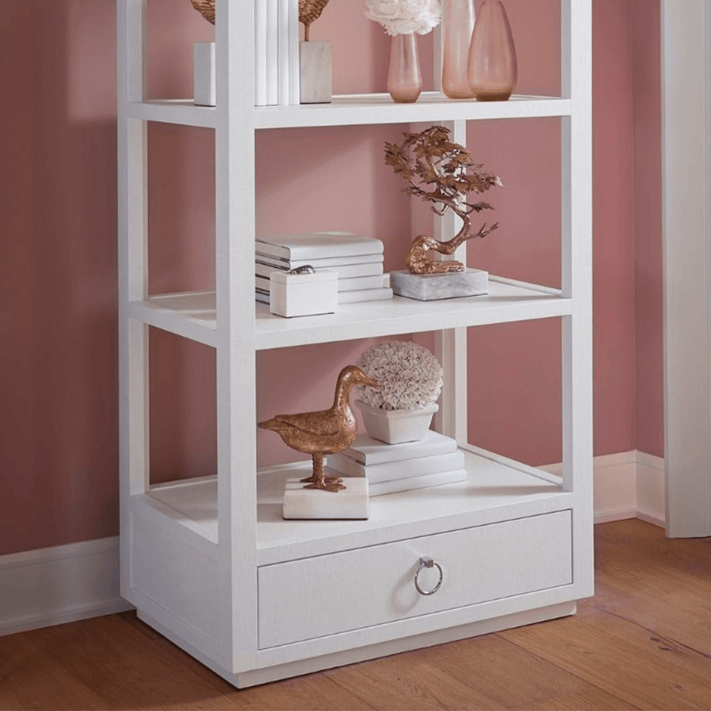 Camilla Lacquered Grasscloth Etagere in Chiffon White - Bookcases & Etageres - The Well Appointed House