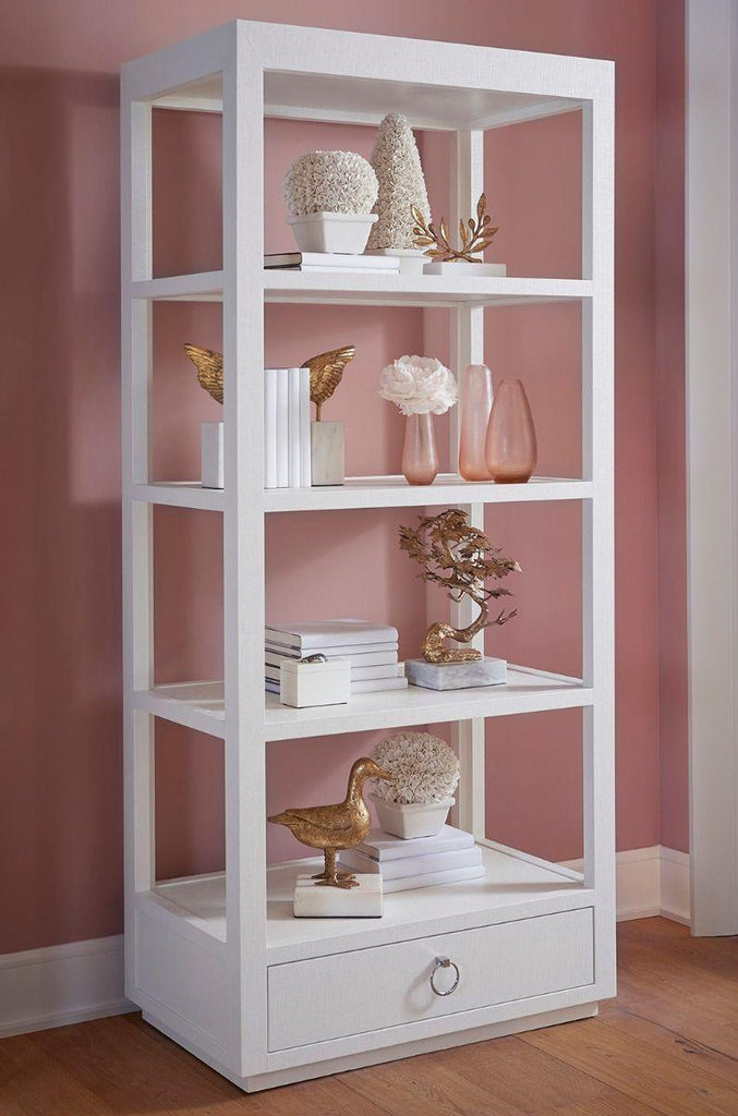 Camilla Lacquered Grasscloth Etagere in Chiffon White - Bookcases & Etageres - The Well Appointed House