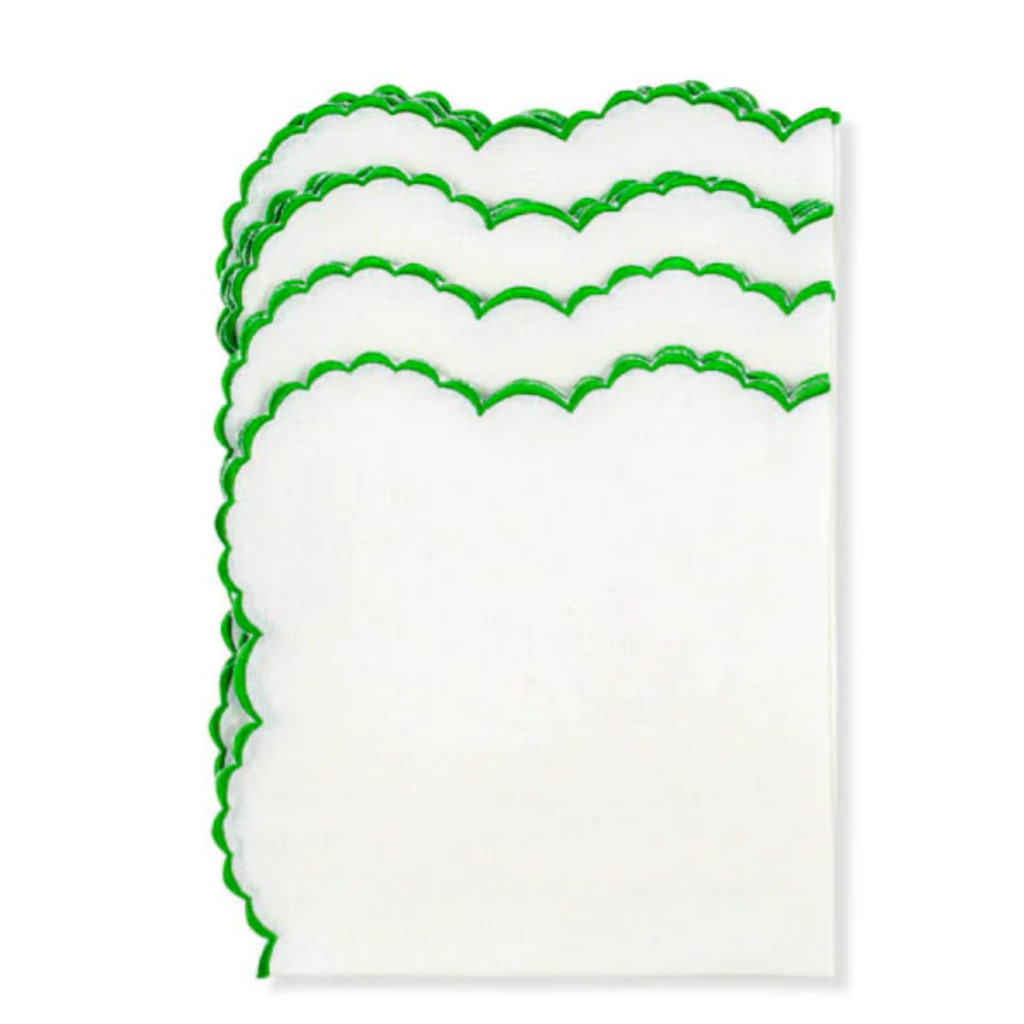 Set of 12 White Linen Embroidered With Apple Green Trim Placemats & Napkins - The Well Appointed House