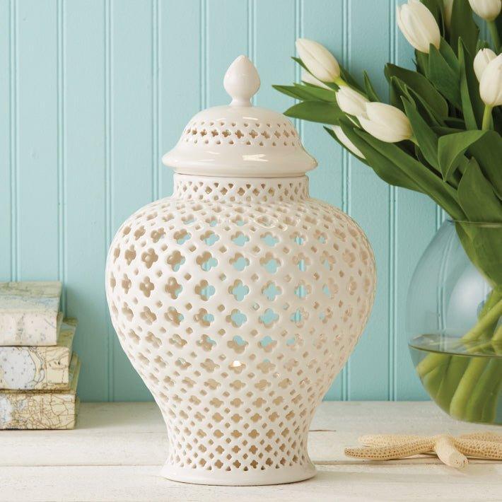 Carthage Medium Pierced White Porcelain Covered Lantern - Vases & Jars - The Well Appointed House