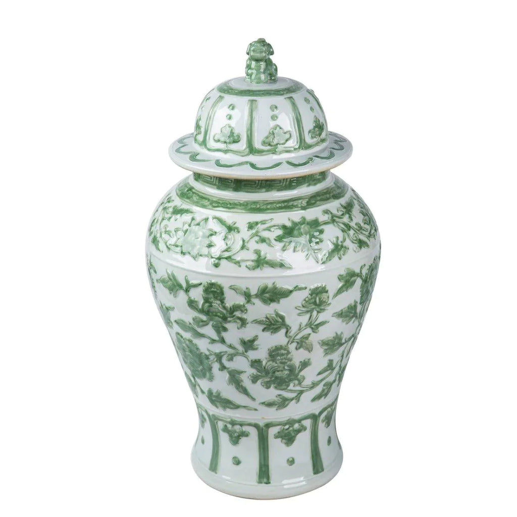 Celadon Green Carved Floral Porcelain Temple Jar with Lion Lid - Vases & Jars - The Well Appointed House