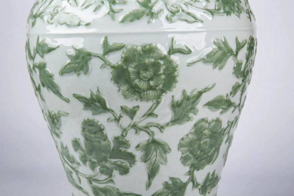 Celadon Green Carved Floral Porcelain Temple Jar with Lion Lid - Vases & Jars - The Well Appointed House