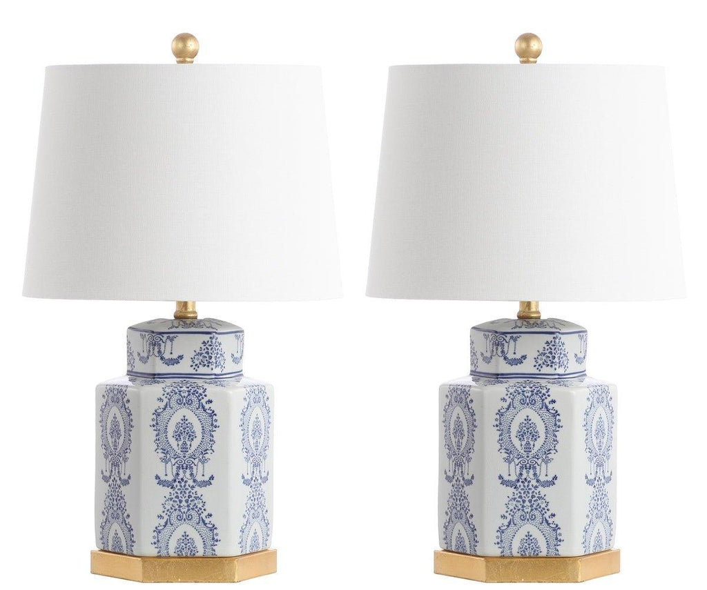Ceramic Table Lamp with Blue and White Lapis Design and Gold Accent, Set of 2 - Table Lamps - The Well Appointed House