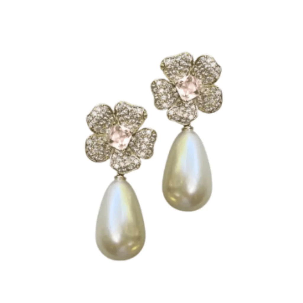 Chelsea Garden Petal Pink Flower With Pearly Teardrop Earrings - Gifts for Her - The Well Appointed House