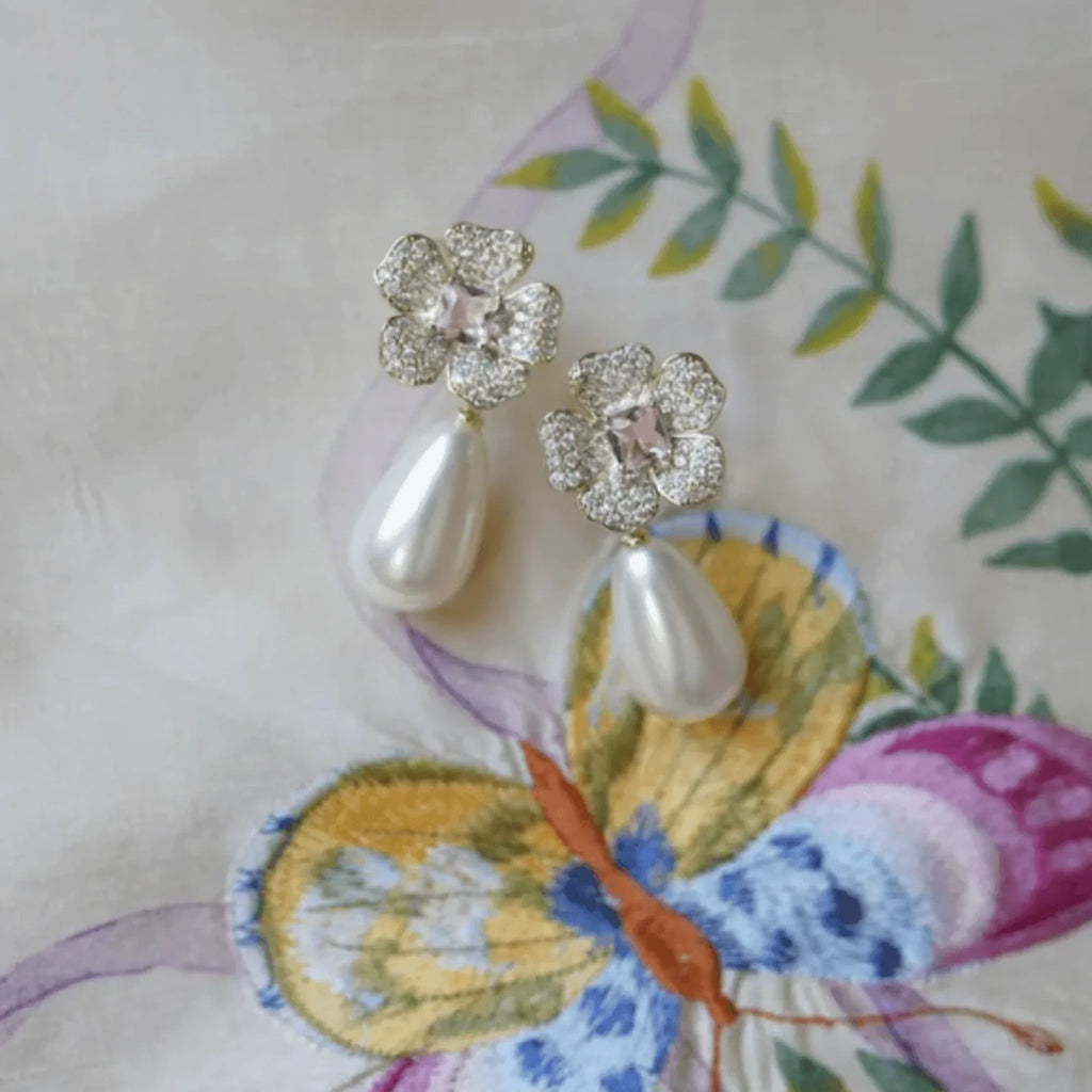 Chelsea Garden Petal Pink Flower With Pearly Teardrop Earrings - Gifts for Her - The Well Appointed House