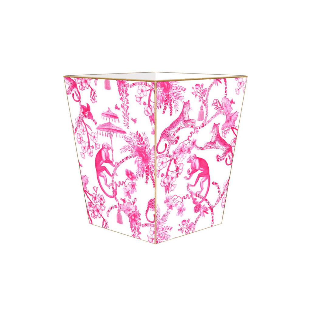 Chic Monkey Toile Pink Wastepaper Basket and Optional Tissue Box Cover - Wastebasket - The Well Appointed House