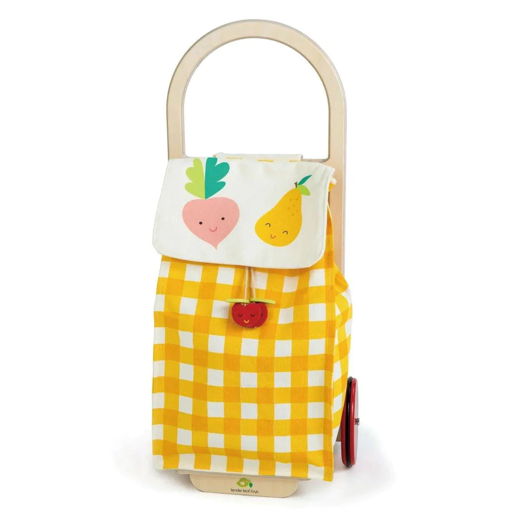 Children's Yellow Gingham Pull Along Grocery Shopping Trolley - Little Loves Kitchens Food & Kids Grocery - The Well Appointed House