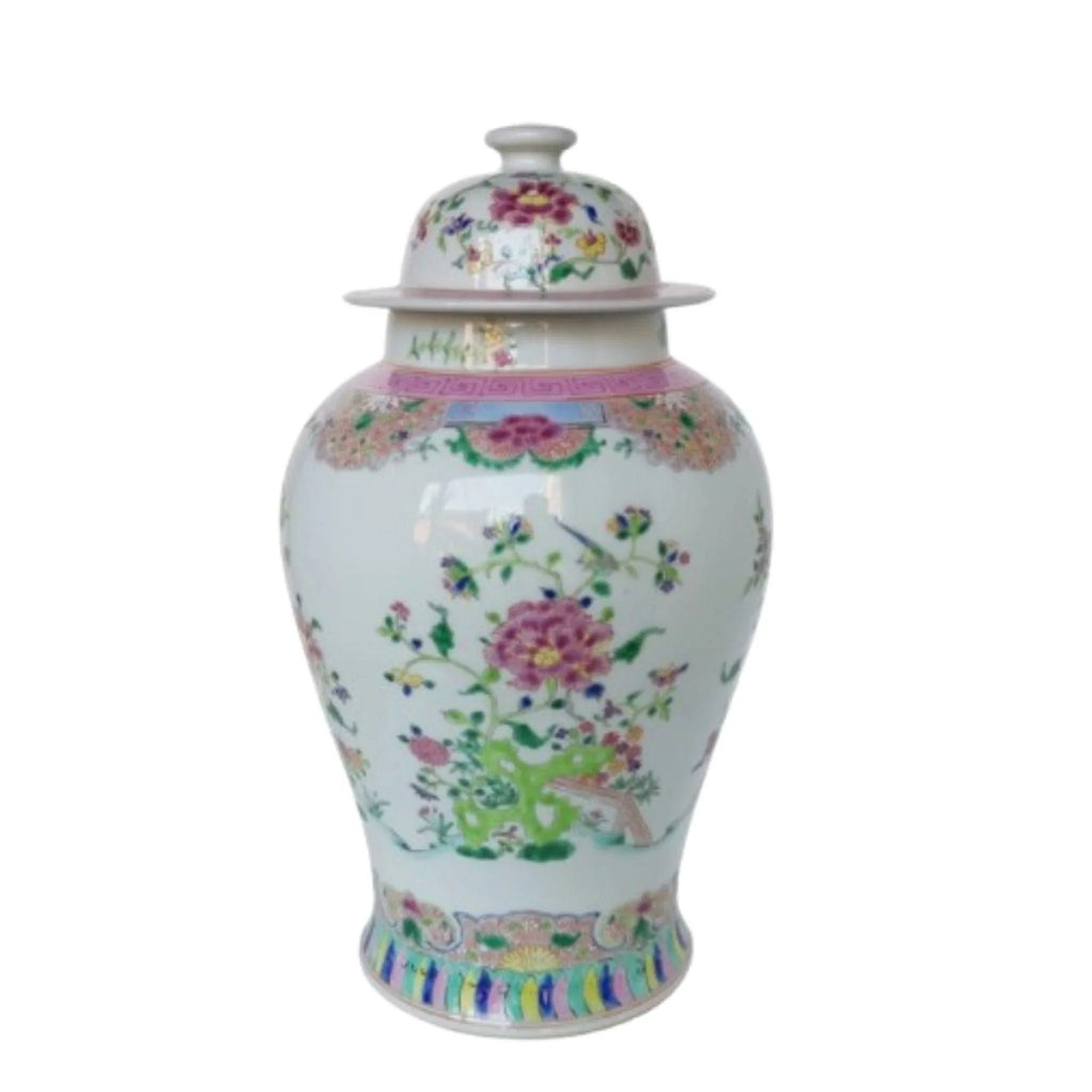 Chinoiserie Multi-Colored Floral Porcelain Temple Jar - Vases & Jars - The Well Appointed House