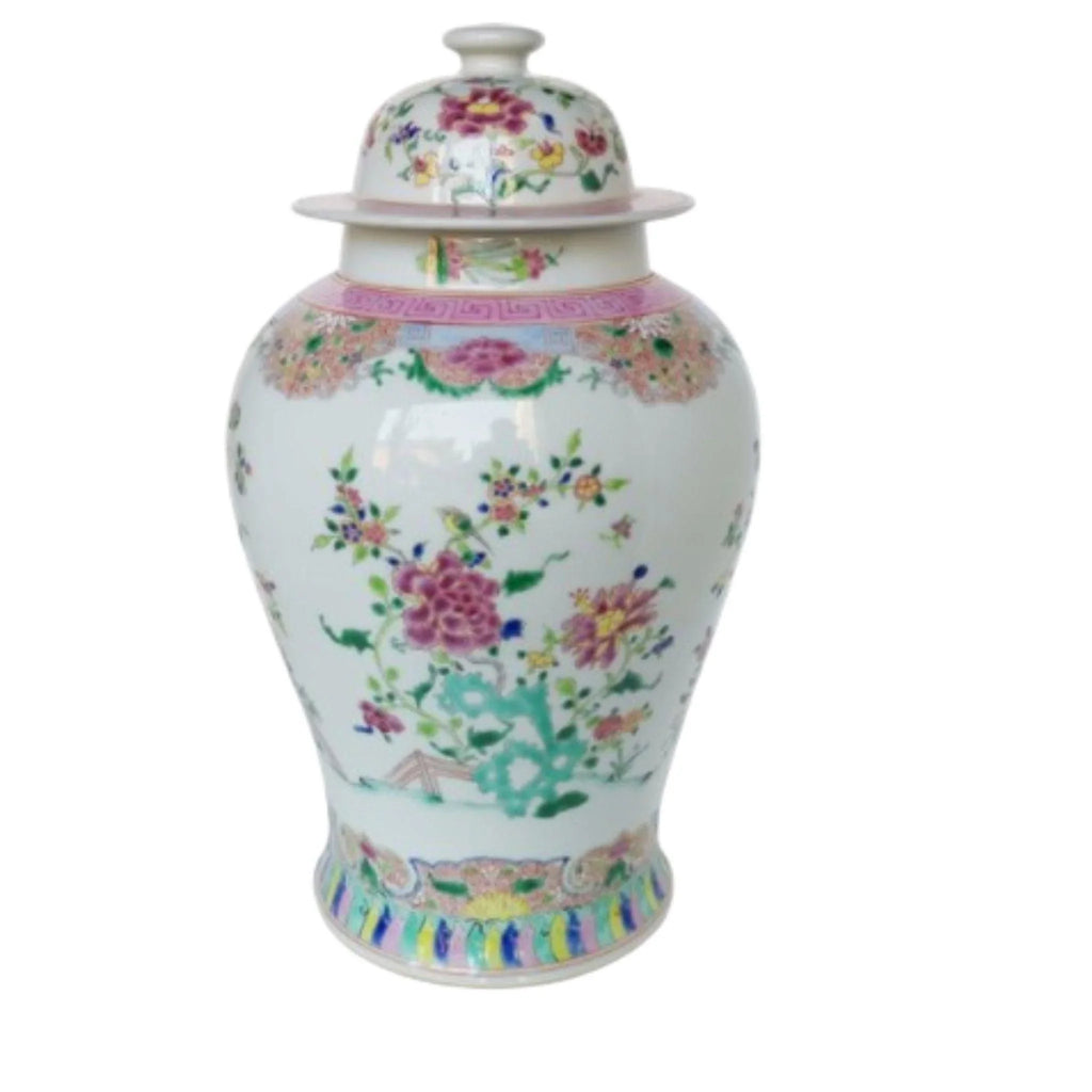 Chinoiserie Multi-Colored Floral Porcelain Temple Jar - Vases & Jars - The Well Appointed House