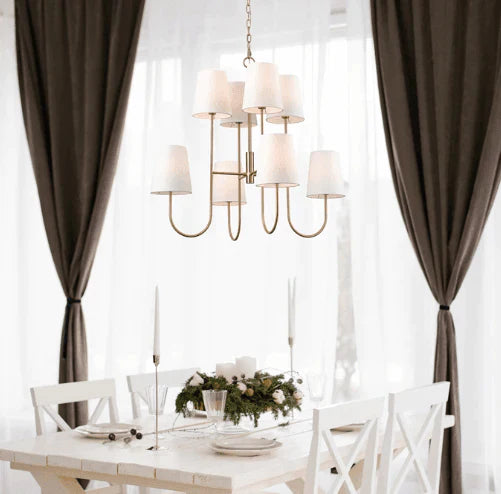 Classic Brass Eight Light Two Tier Chandelier with Tapered Shades - Chandeliers & Pendants - The Well Appointed House