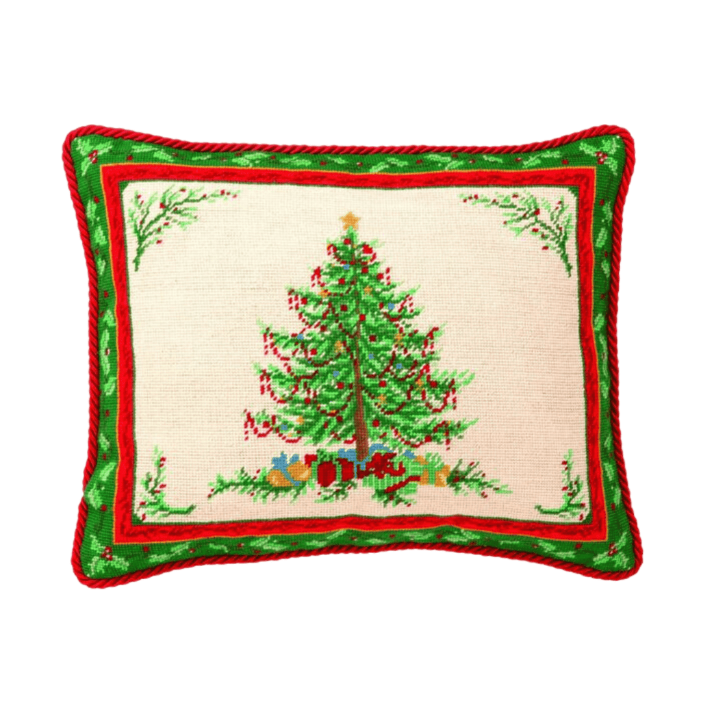 Classic Christmas Tree Cord Trimmed Needlepoint Throw Pillow - Christmas Pillows - The Well Appointed House