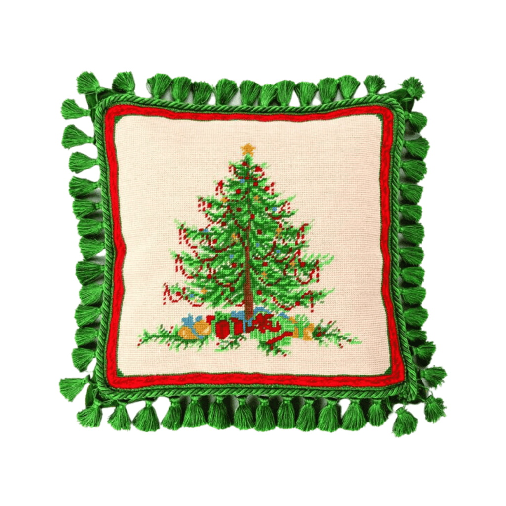 Classic Christmas Tree Needlepoint Throw Pillow With Tassel Fringe - Christmas Pillows - The Well Appointed House