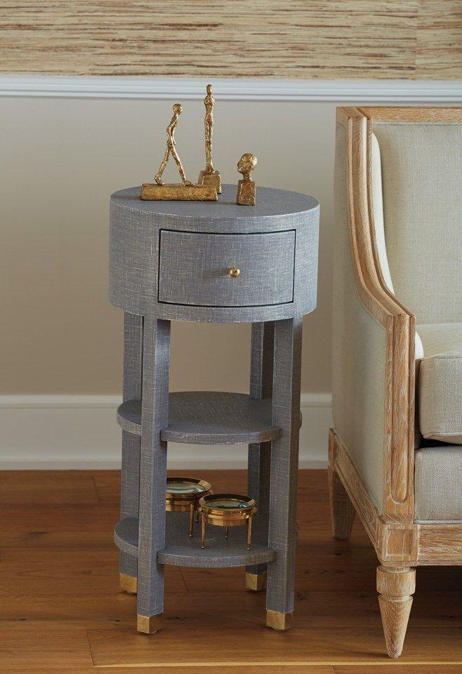 Claudette 1-Drawer Round Side Table in Washed Winter Gray with Brass Accents - Nightstands & Chests - The Well Appointed House