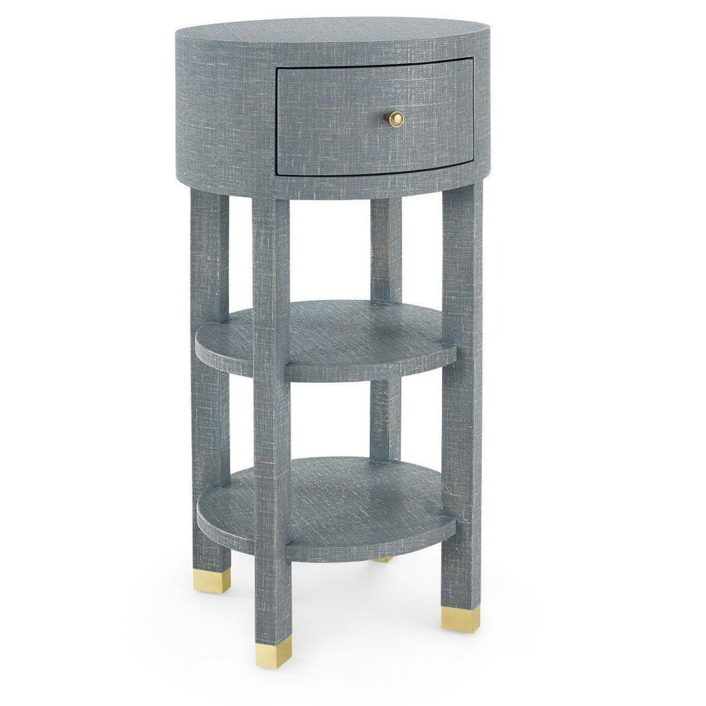 Claudette 1-Drawer Round Side Table in Washed Winter Gray with Brass Accents - Nightstands & Chests - The Well Appointed House