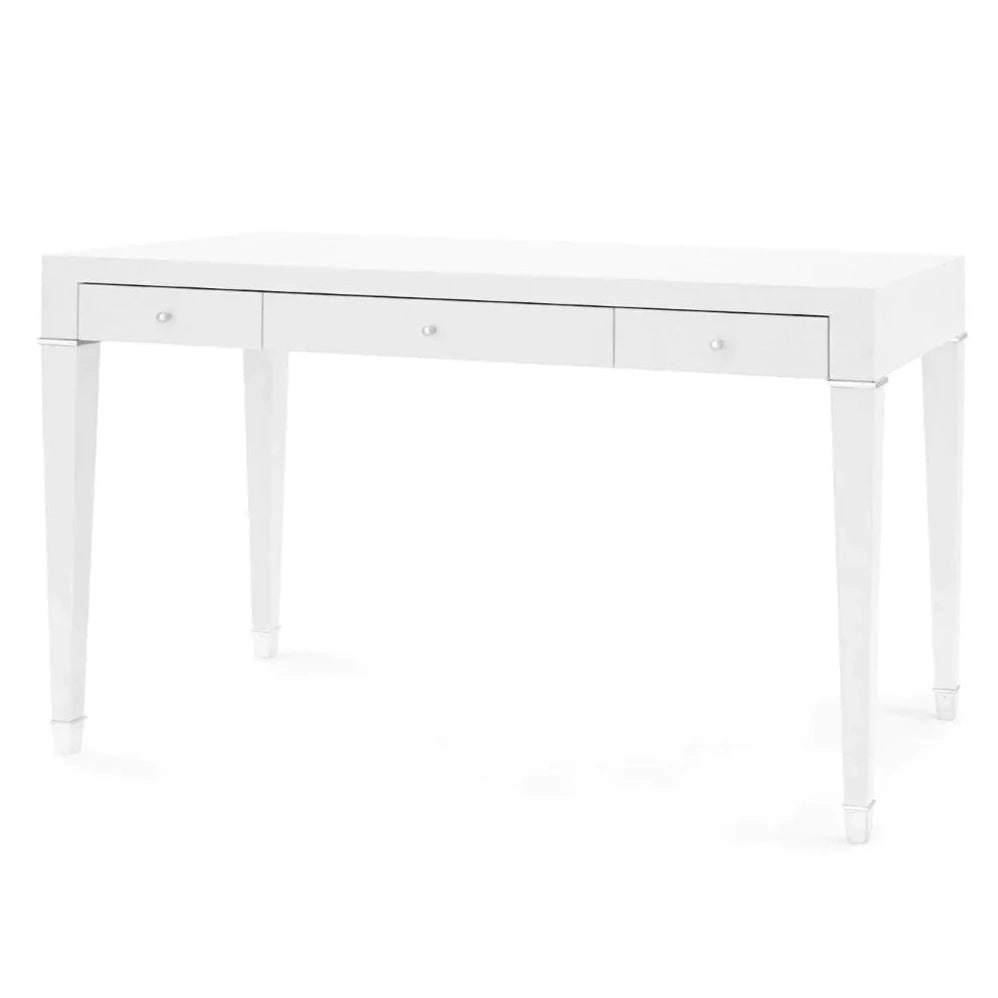 Claudette Desk in Cream Lacquered Linen with Nickel Accents - Desks & Desk Chairs - The Well Appointed House