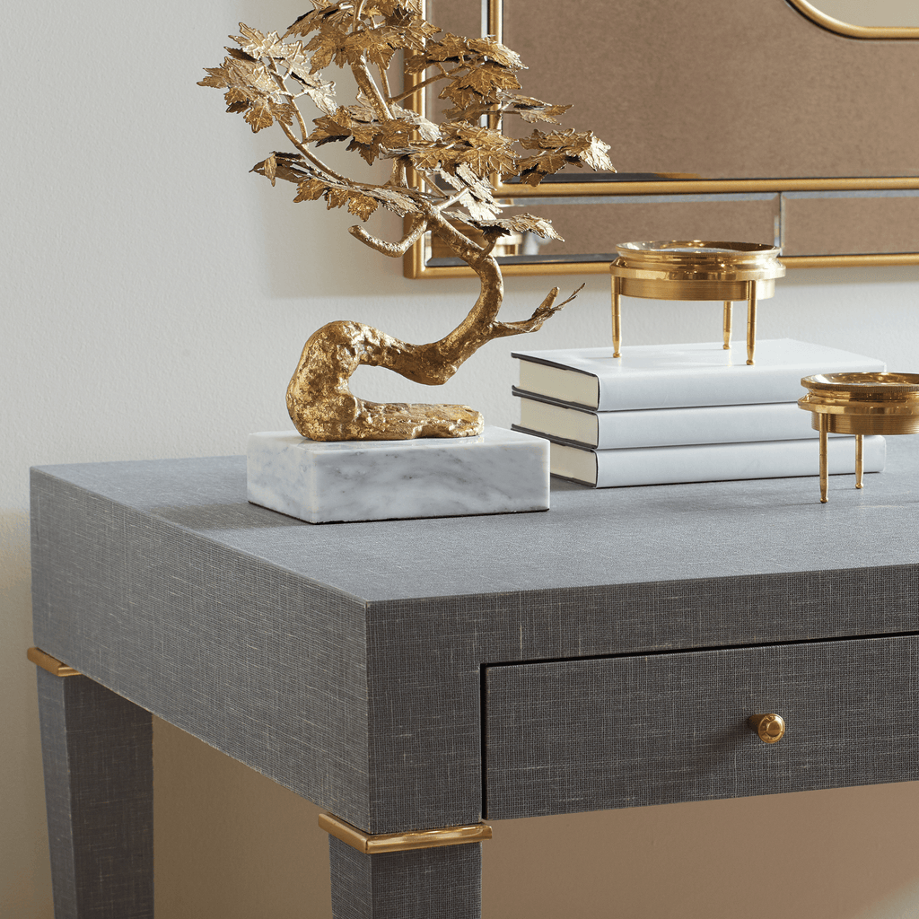 Claudette Desk in Winter Washed Gray Lacquered Linen with Brass Accents - Desks & Desk Chairs - The Well Appointed House