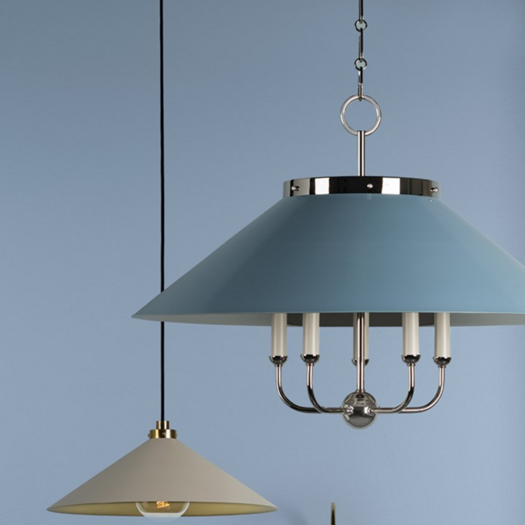 Clivedon Polished Nickel & Soft Blue Five Lamp Candelabra Chandelier - The Well Appointed House