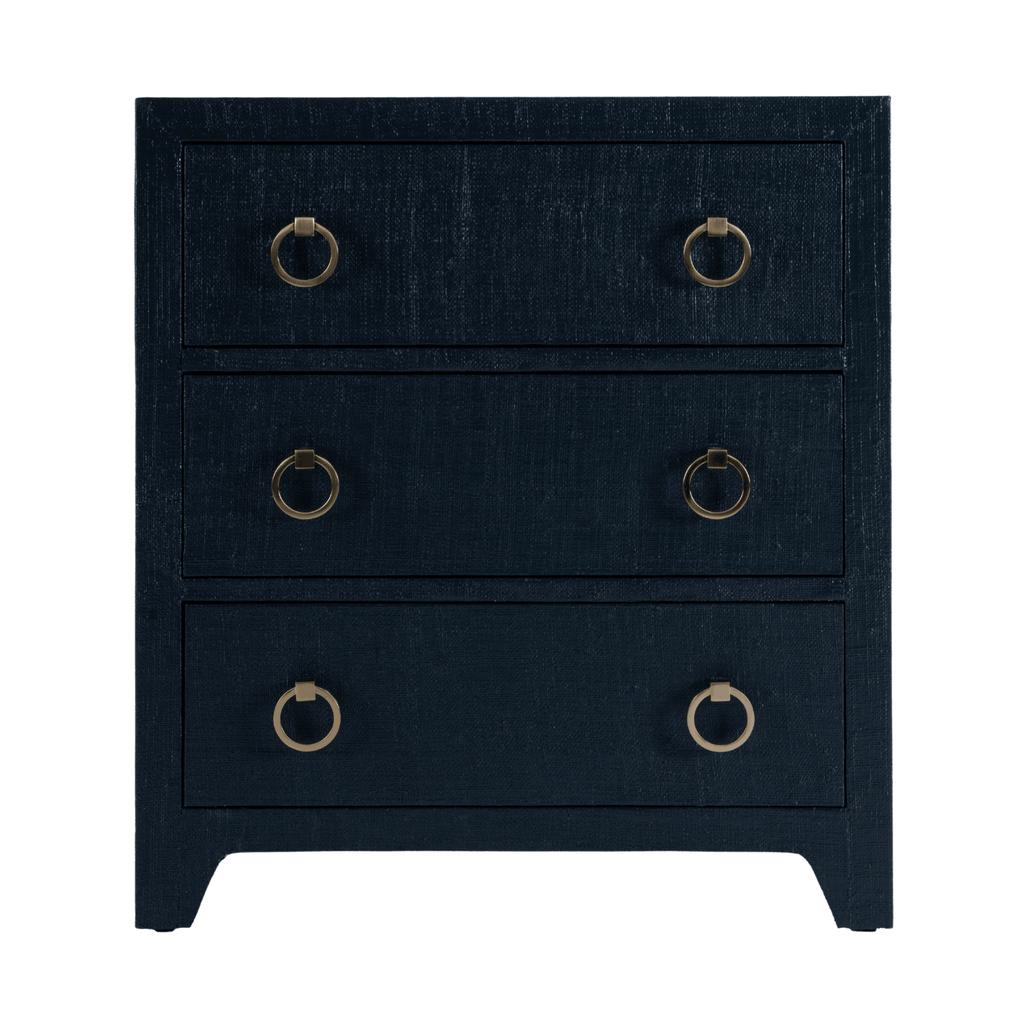 Coastal Navy Saguran Raffia Three Drawer Nightstand - Nightstands & Chests - The Well Appointed House