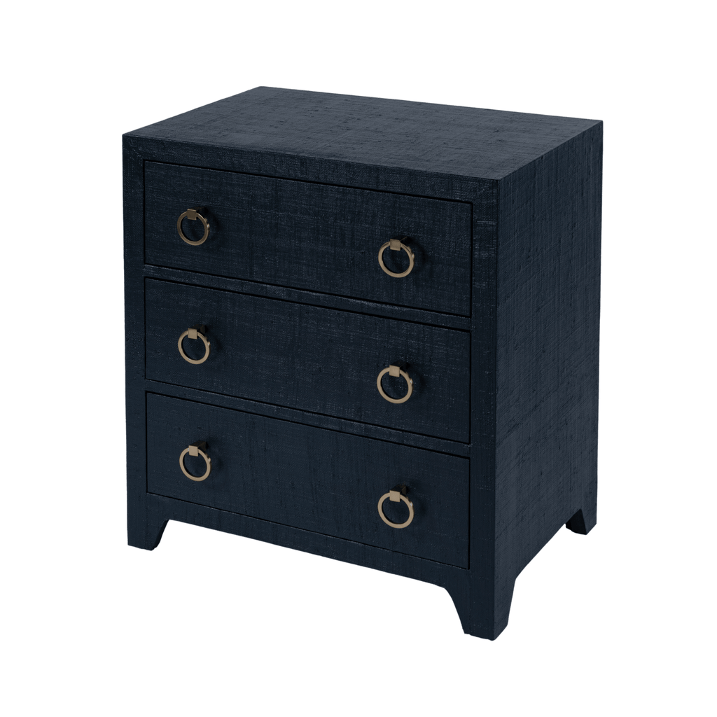 Coastal Navy Saguran Raffia Three Drawer Nightstand - Nightstands & Chests - The Well Appointed House