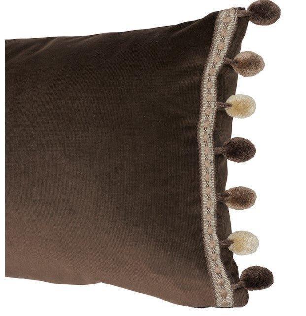 Cocoa Velvet Throw Pillow With Pom-Pom Trim - Pillows - The Well Appointed House