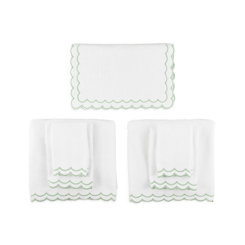 Complete Bundle of White Scalloped Edge Embroidered Cotton Bath Mat & Towels - The Well Appointed House