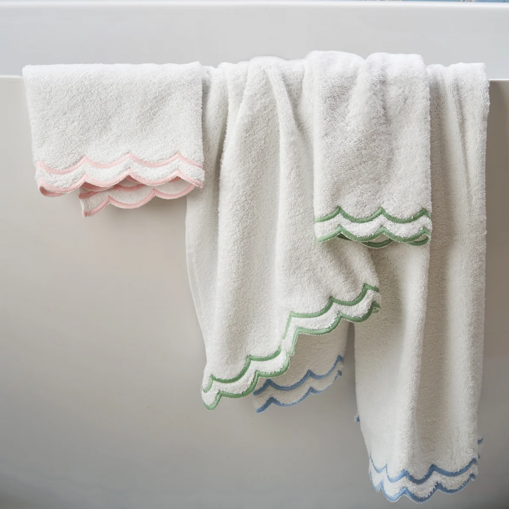 Complete Bundle of White Scalloped Edge Embroidered Cotton Bath Mat & Towels - The Well Appointed House