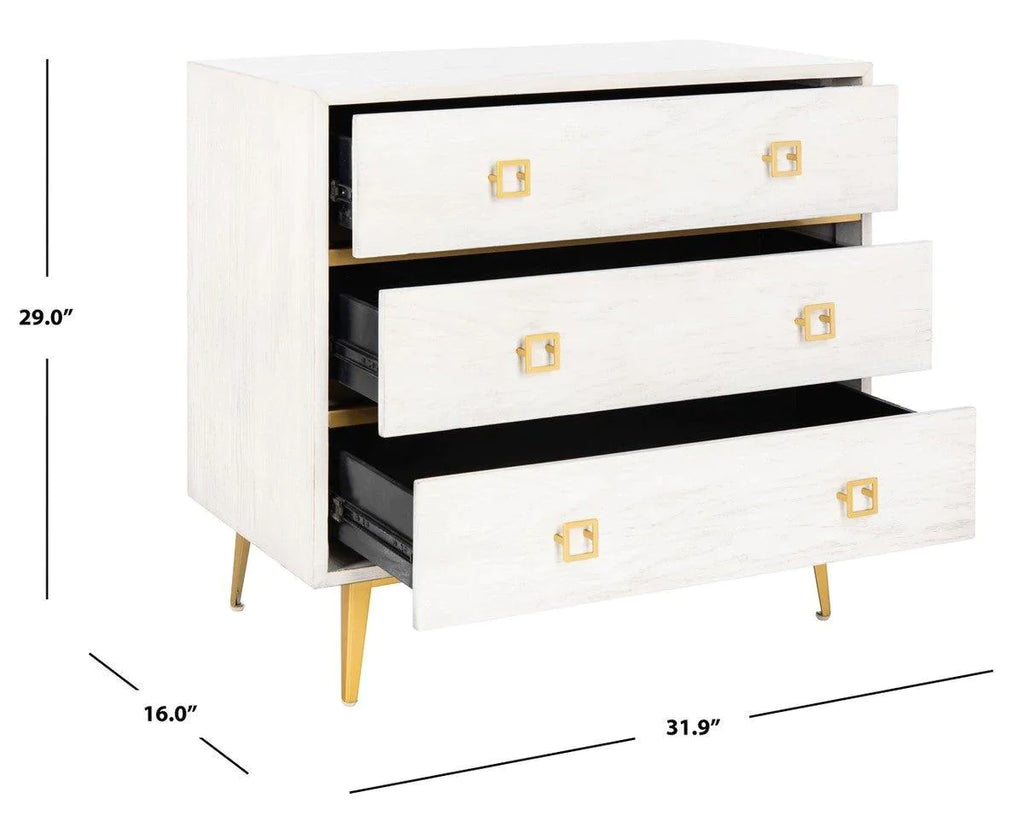 Contemporary 3 Drawer Chest in Whitewash With Gold Legs - Nightstands & Chests - The Well Appointed House