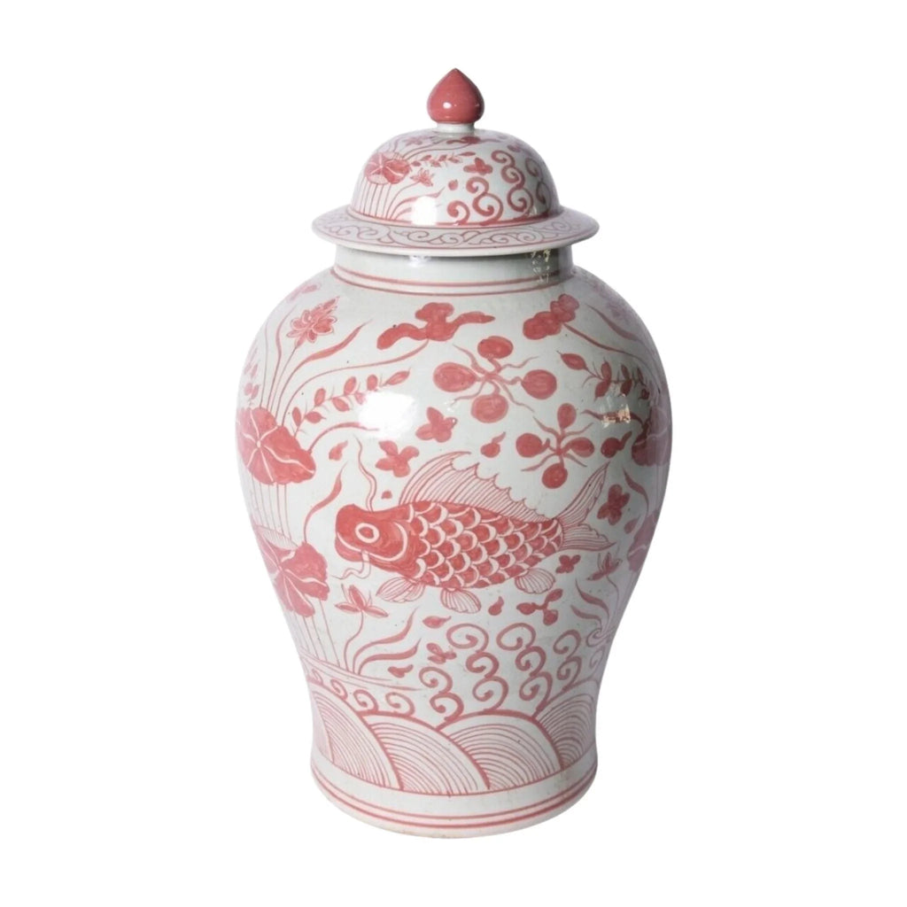 Coral Red Fish Porcelain Temple Jar - Vases & Jars - The Well Appointed House