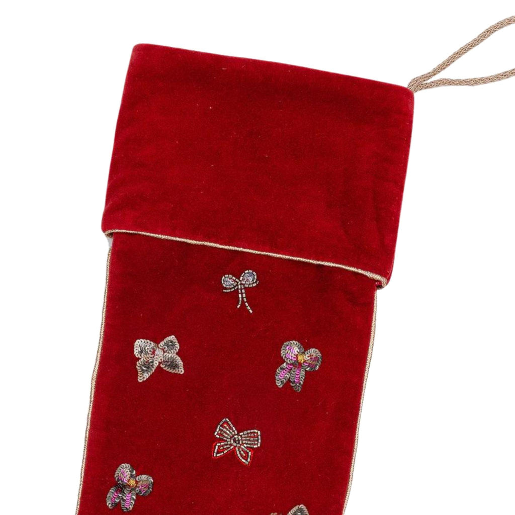 Cotton Velvet Red Stocking with Bow Accents - Christmas Stockings - The Well Appointed House