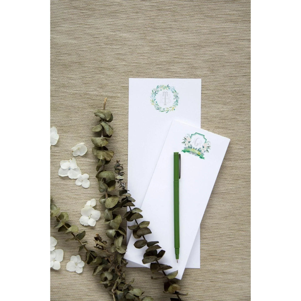 Couture Crest Green and Grey Foliage Wreath Monogrammed Notepad - Stationery & Desk Accessories - The Well Appointed House