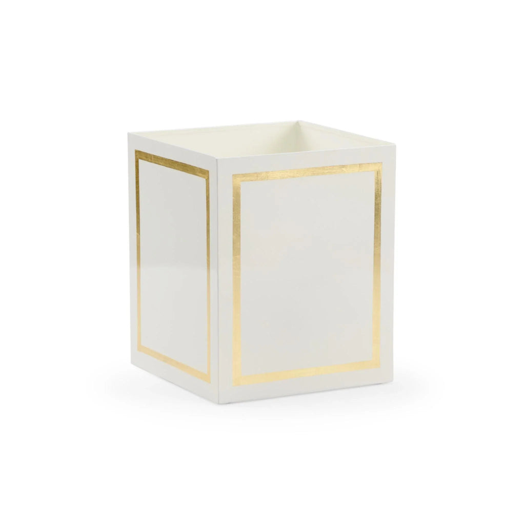 Cream Metal Wastebasket with Metallic Gold Trim - Wastebasket - The Well Appointed House