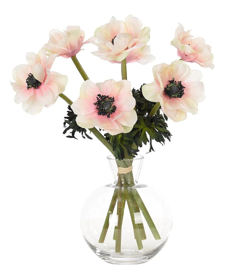Cream Pink Faux Anemone in Glass Decanter - Florals & Greenery - The Well Appointed House